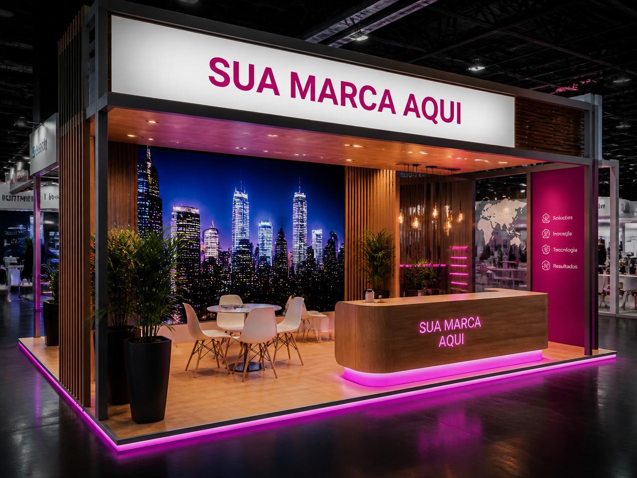 Stand misto com estrutura Octanorm e marcenaria iluminada