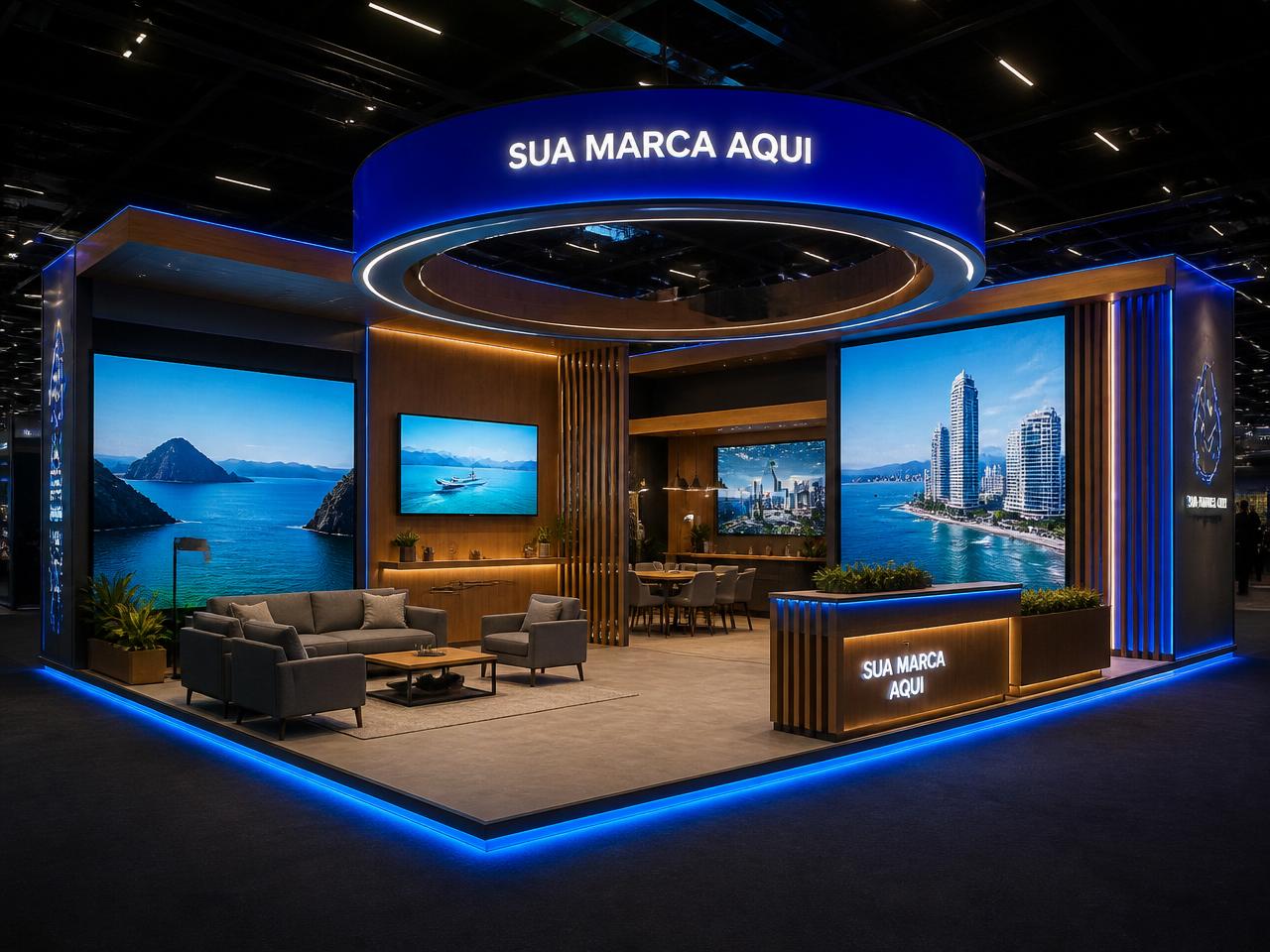 Stand construído premium em marcenaria com painéis de LED